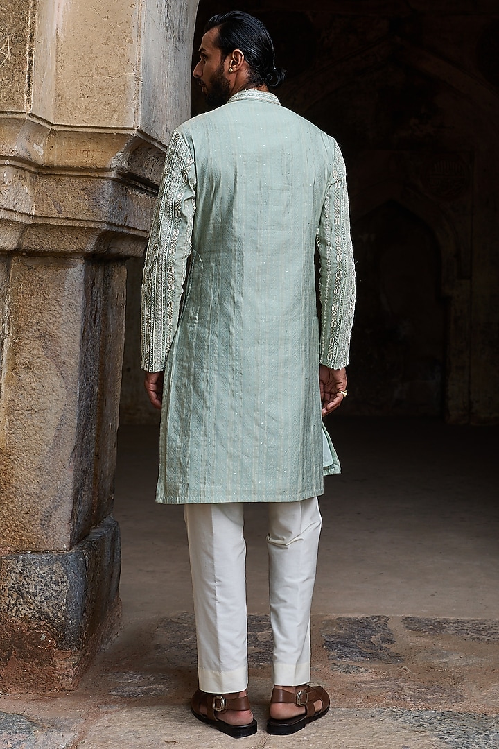 Mint Sage Green Cotton Jacquard Hand Embroidered Kurta Set by ASUKA at Pernia's Pop Up Shop