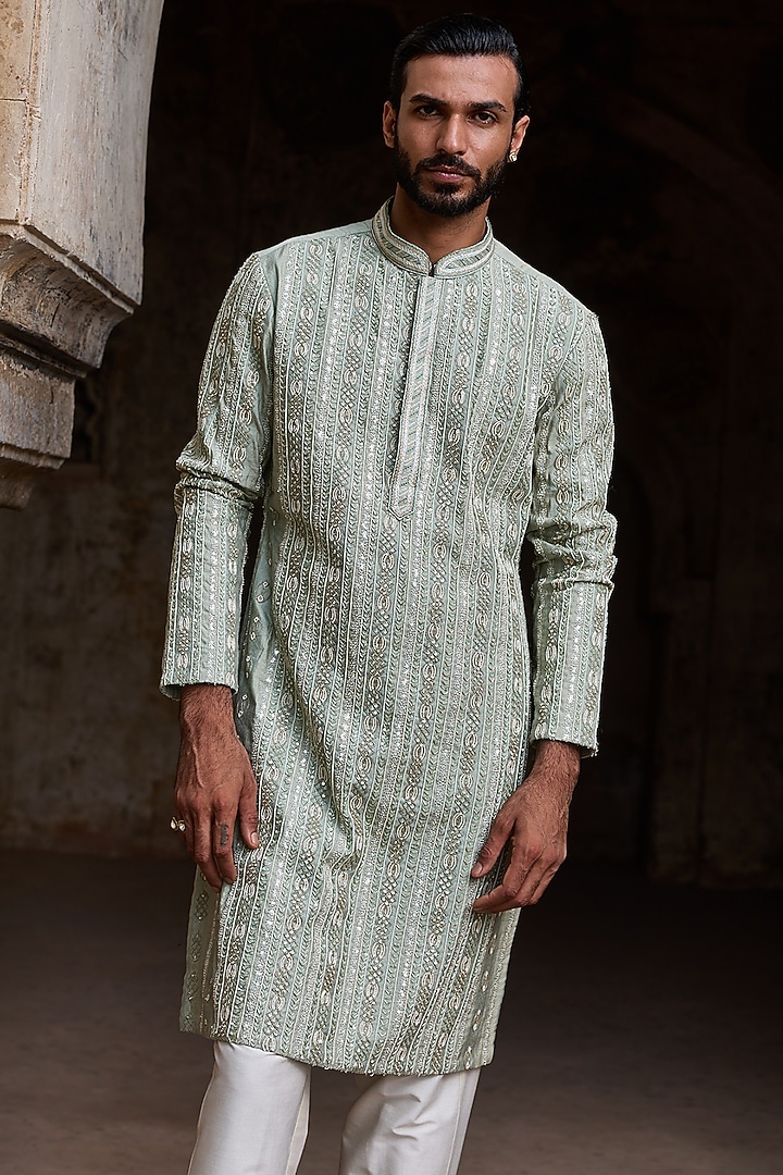 Mint Sage Green Cotton Jacquard Hand Embroidered Kurta Set by ASUKA at Pernia's Pop Up Shop