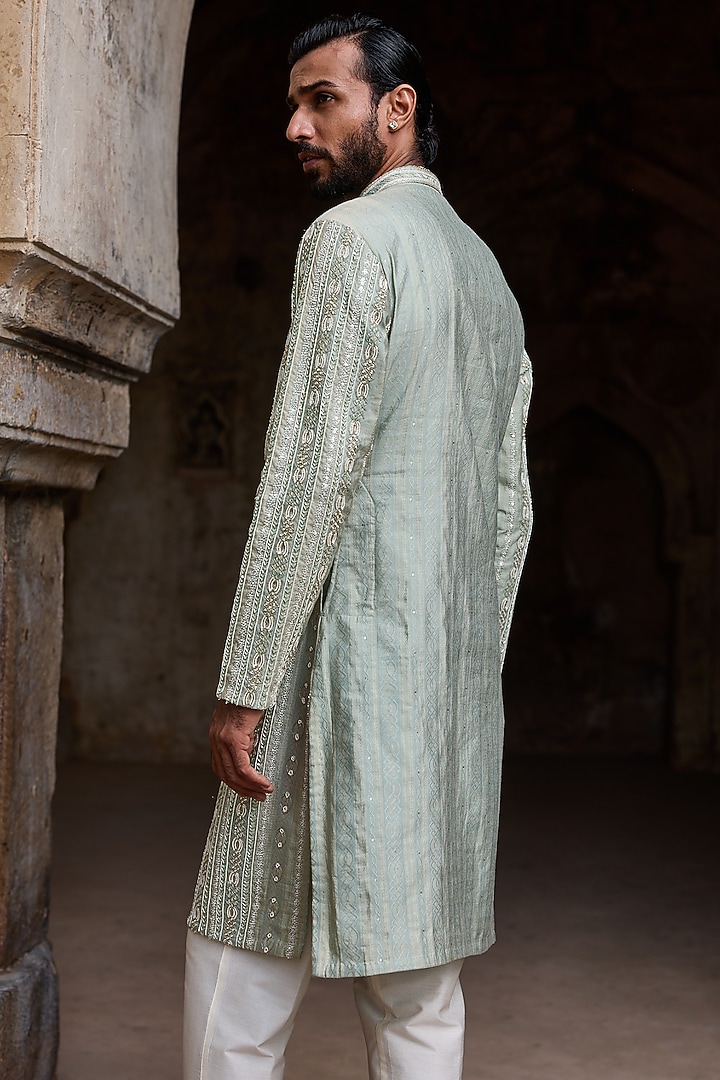 Mint Sage Green Cotton Jacquard Hand Embroidered Kurta Set by ASUKA at Pernia's Pop Up Shop