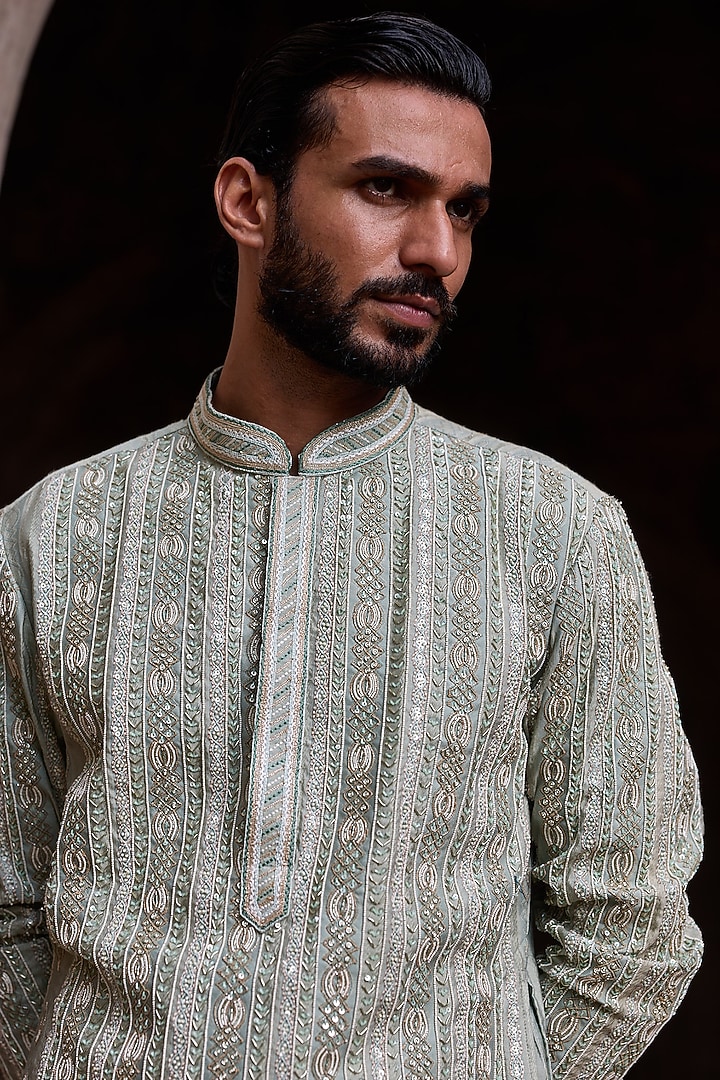 Mint Sage Green Cotton Jacquard Hand Embroidered Kurta Set by ASUKA at Pernia's Pop Up Shop