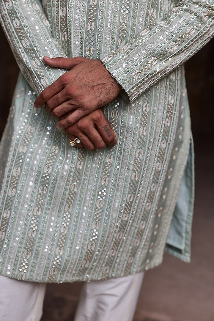 Mint Sage Green Cotton Jacquard Hand Embroidered Kurta Set by ASUKA at Pernia's Pop Up Shop