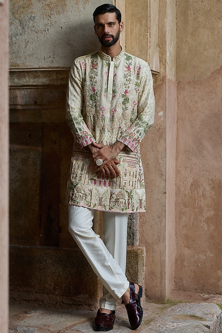 Golden Shimmer Tissue Hand Embroidered Kurta Set by ASUKA at Pernia's Pop Up Shop