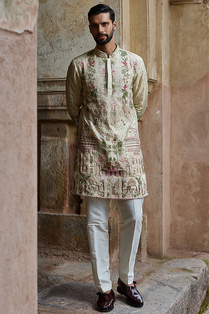 Golden Shimmer Tissue Hand Embroidered Kurta Set by ASUKA at Pernia's Pop Up Shop