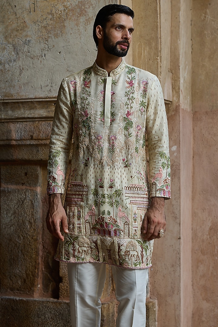 Golden Shimmer Tissue Hand Embroidered Kurta Set by ASUKA at Pernia's Pop Up Shop