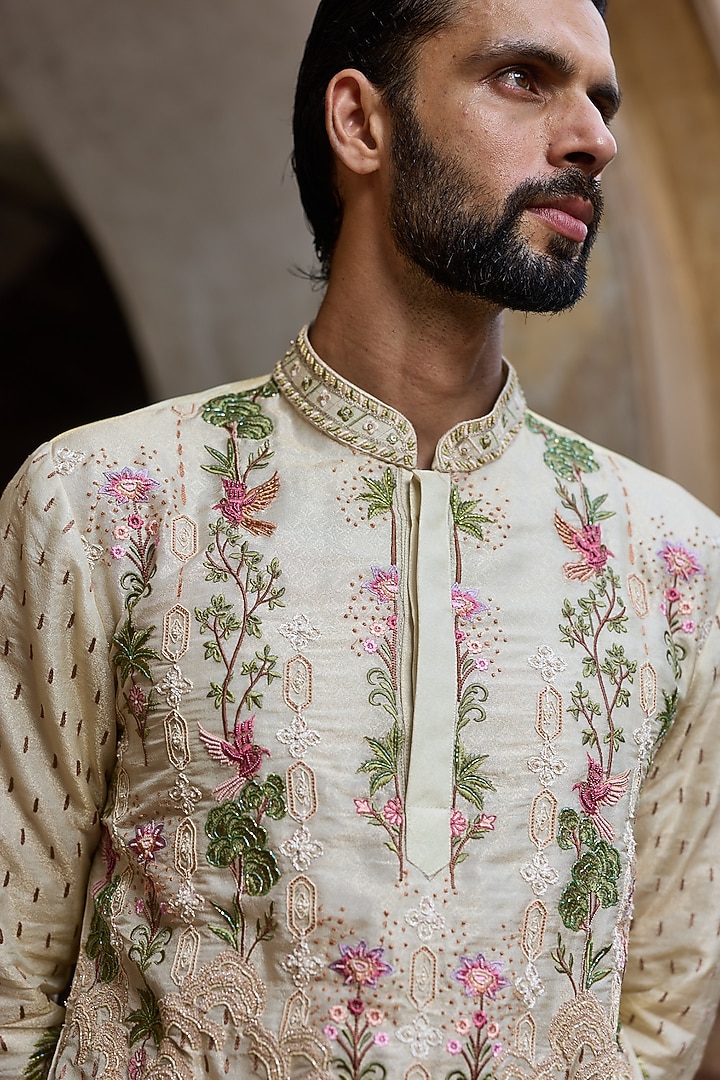 Golden Shimmer Tissue Hand Embroidered Kurta Set by ASUKA at Pernia's Pop Up Shop