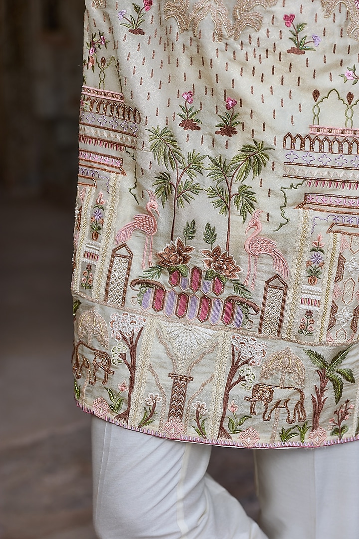 Golden Shimmer Tissue Hand Embroidered Kurta Set by ASUKA at Pernia's Pop Up Shop