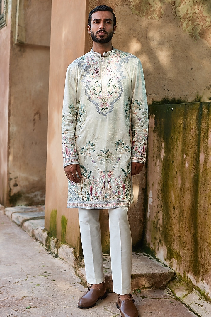 Light Grey Shimmer Tissue Cutdana Embroidered Kurta Set by ASUKA at Pernia's Pop Up Shop