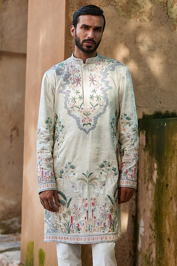 Light Grey Shimmer Tissue Cutdana Embroidered Kurta Set by ASUKA at Pernia's Pop Up Shop