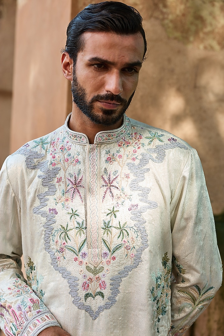 Light Grey Shimmer Tissue Cutdana Embroidered Kurta Set by ASUKA at Pernia's Pop Up Shop