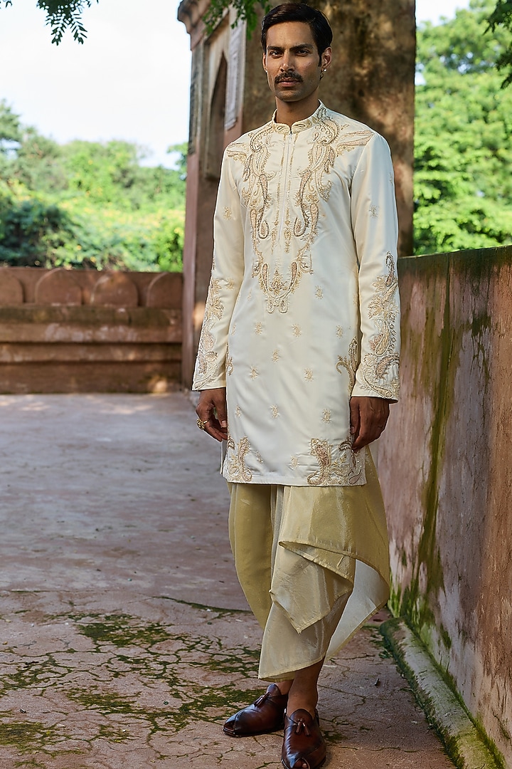 Ivory Palm Silk Cutdana Embroidered Kurta Set by ASUKA at Pernia's Pop Up Shop