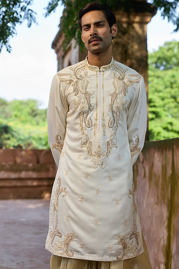 Ivory Palm Silk Cutdana Embroidered Kurta Set by ASUKA at Pernia's Pop Up Shop