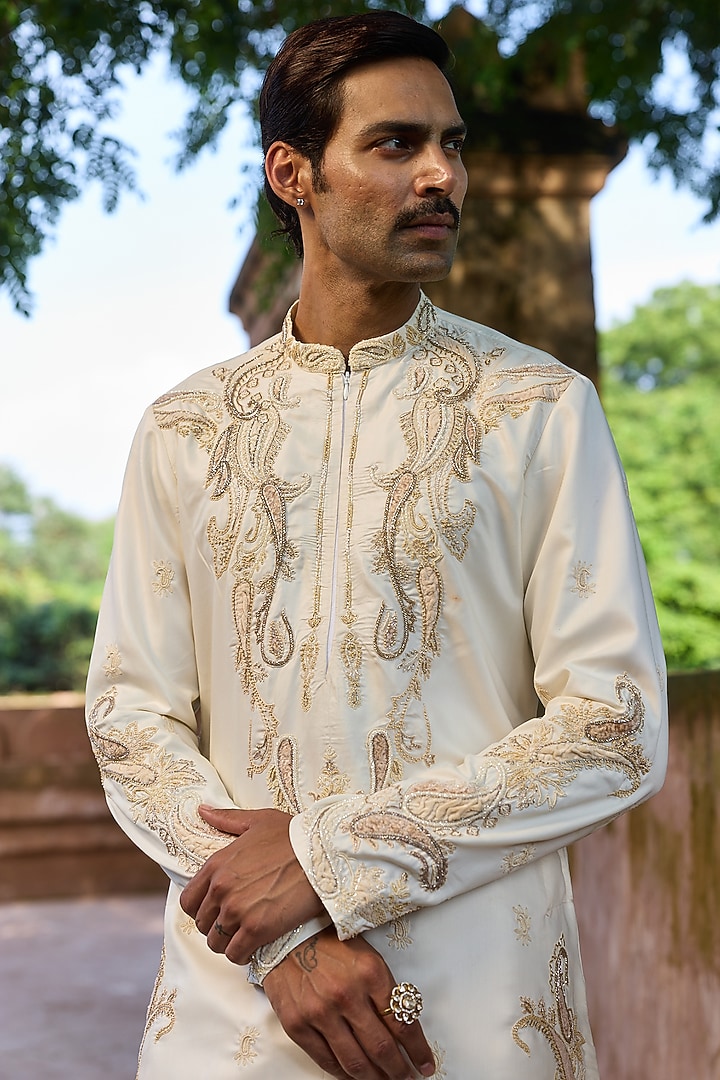 Ivory Palm Silk Cutdana Embroidered Kurta Set by ASUKA at Pernia's Pop Up Shop