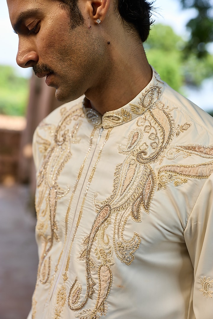 Ivory Palm Silk Cutdana Embroidered Kurta Set by ASUKA at Pernia's Pop Up Shop