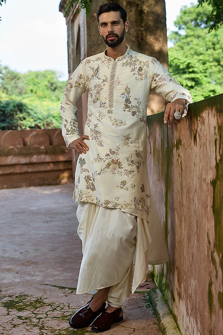 Ivory Raw Silk Hand Embroidered Kurta Set by ASUKA at Pernia's Pop Up Shop