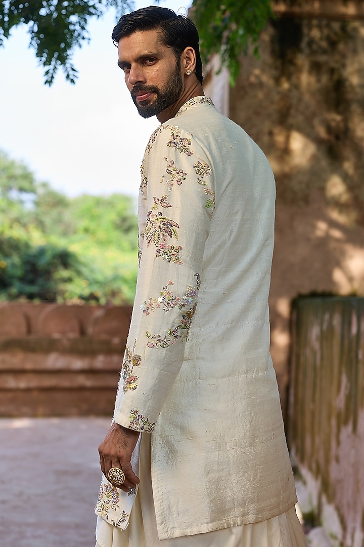 Ivory Raw Silk Hand Embroidered Kurta Set by ASUKA at Pernia's Pop Up Shop