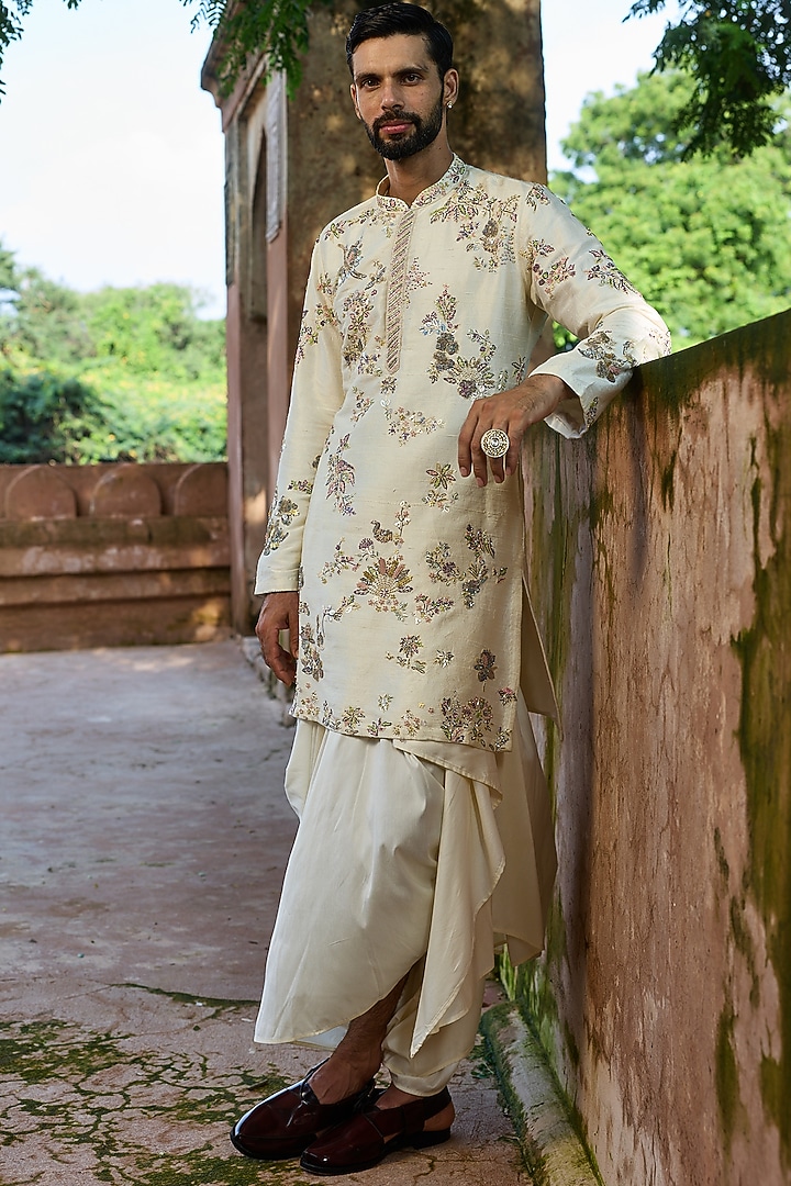 Ivory Raw Silk Hand Embroidered Kurta Set by ASUKA at Pernia's Pop Up Shop