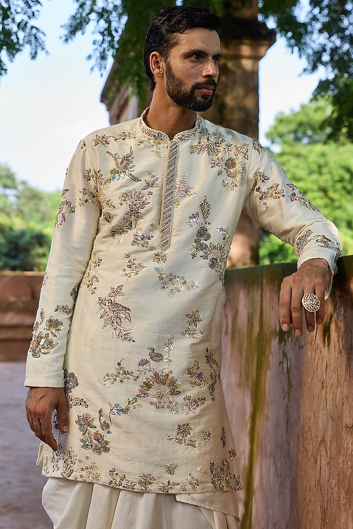 Ivory Raw Silk Hand Embroidered Kurta Set by ASUKA at Pernia's Pop Up Shop