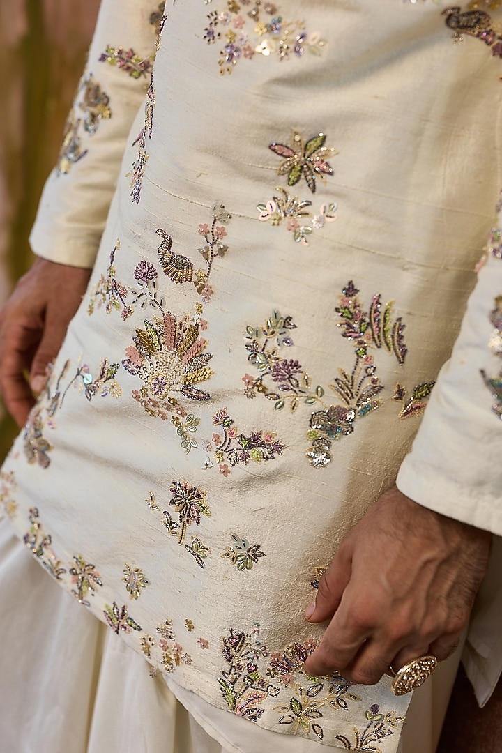 Ivory Raw Silk Hand Embroidered Kurta Set by ASUKA at Pernia's Pop Up Shop