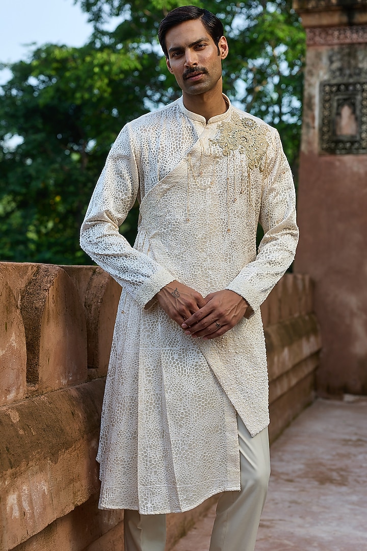 Butter Yellow Organza Hand Embellished Sheer Kurta Set by ASUKA at Pernia's Pop Up Shop