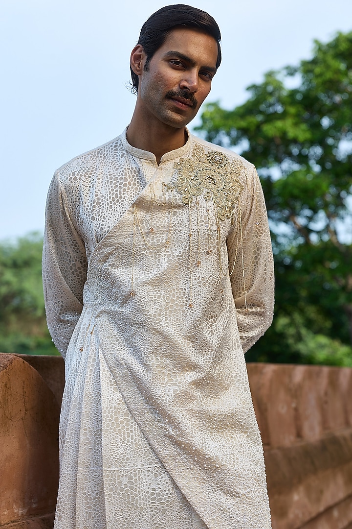 Butter Yellow Organza Hand Embellished Sheer Kurta Set by ASUKA at Pernia's Pop Up Shop
