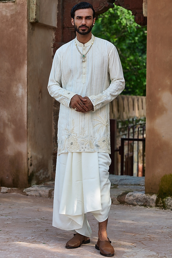 Cream Palm Silk Dabka Embroidered Kurta Set by ASUKA at Pernia's Pop Up Shop