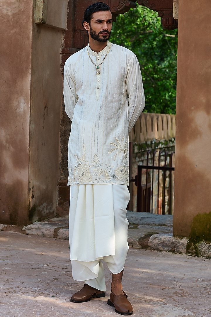 Cream Palm Silk Dabka Embroidered Kurta Set by ASUKA at Pernia's Pop Up Shop