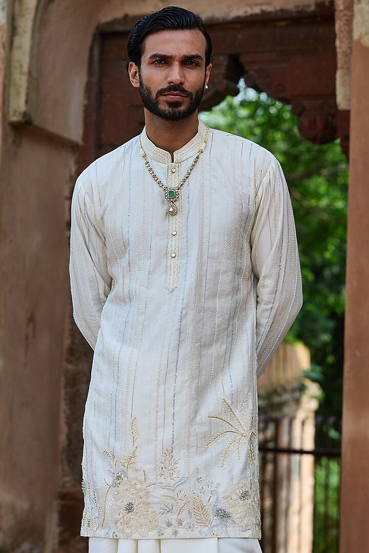 Cream Palm Silk Dabka Embroidered Kurta Set by ASUKA at Pernia's Pop Up Shop