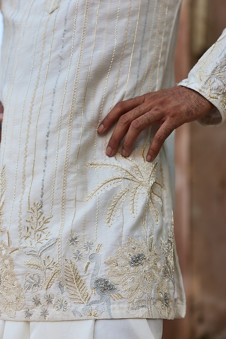Cream Palm Silk Dabka Embroidered Kurta Set by ASUKA at Pernia's Pop Up Shop