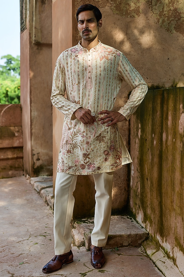 Cream Yellow Palm Chanderi Dabka Embroidered Kurta Set by ASUKA at Pernia's Pop Up Shop