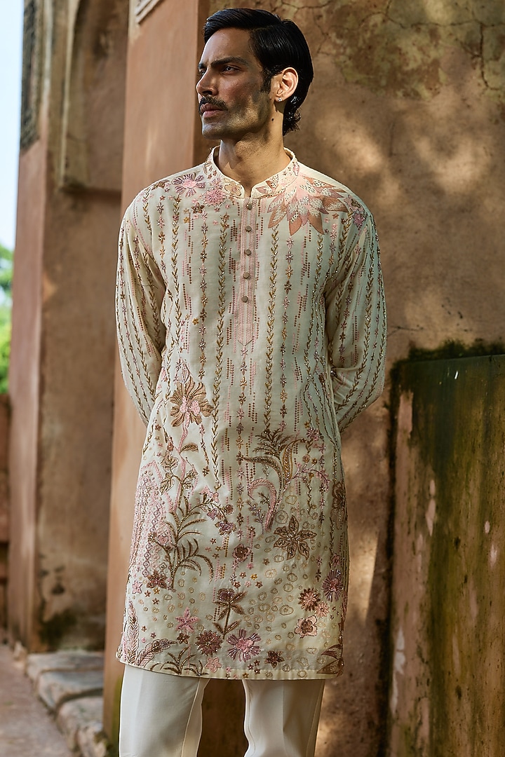 Cream Yellow Palm Chanderi Dabka Embroidered Kurta Set by ASUKA at Pernia's Pop Up Shop