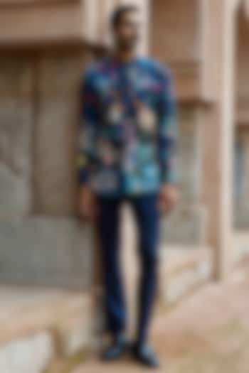 Midnight Blue Velvet Printed & Cutdana Embroidered Wedding Bandhgala Set by ASUKA at Pernia's Pop Up Shop