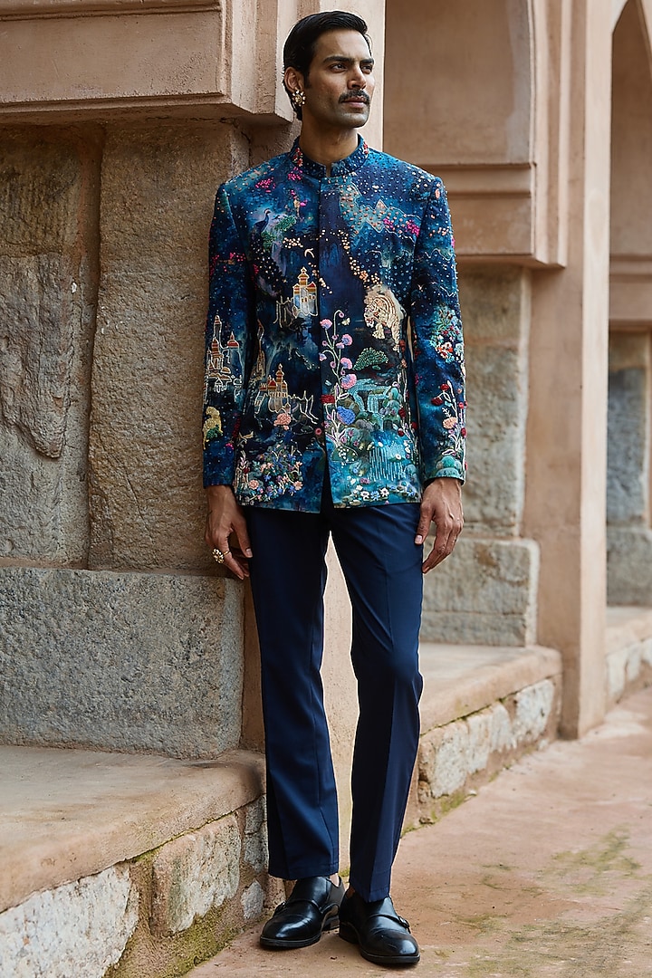 Midnight Blue Velvet Printed & Cutdana Embroidered Wedding Bandhgala Set by ASUKA at Pernia's Pop Up Shop