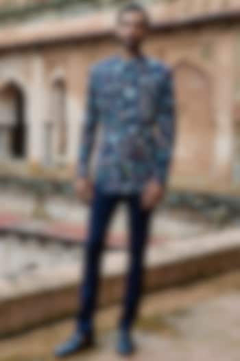 Dark Blue Poly Raw Silk Digital Printed Wedding Bandhgala Set by ASUKA at Pernia's Pop Up Shop