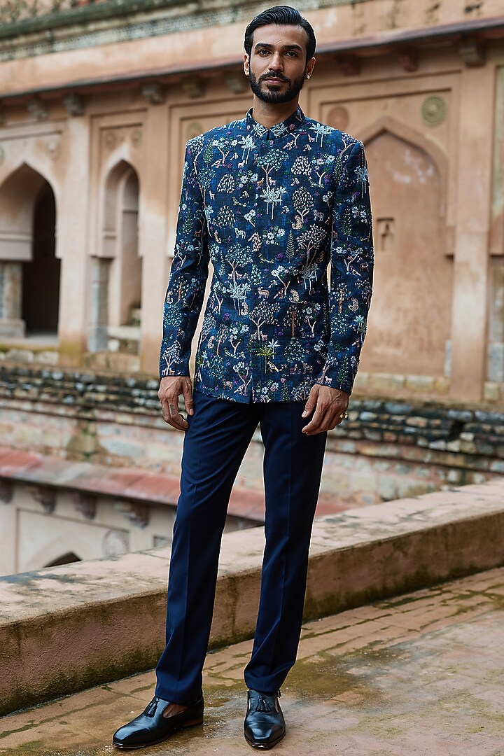 Dark Blue Poly Raw Silk Digital Printed Wedding Bandhgala Set by ASUKA at Pernia's Pop Up Shop