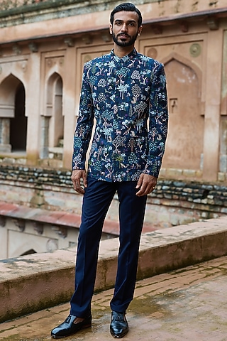 Dark Blue Poly Raw Silk Digital Printed Bandhgala Set by ASUKA