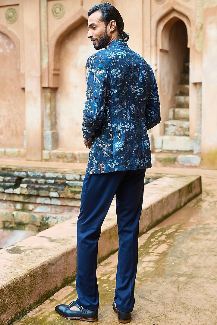 Dark Blue Poly Raw Silk Digital Printed Wedding Bandhgala Set by ASUKA at Pernia's Pop Up Shop