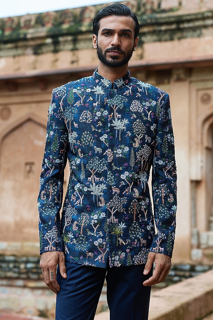 Dark Blue Poly Raw Silk Digital Printed Wedding Bandhgala Set by ASUKA at Pernia's Pop Up Shop