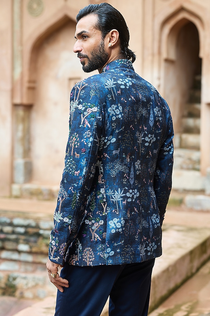 Dark Blue Poly Raw Silk Digital Printed Wedding Bandhgala Set by ASUKA at Pernia's Pop Up Shop