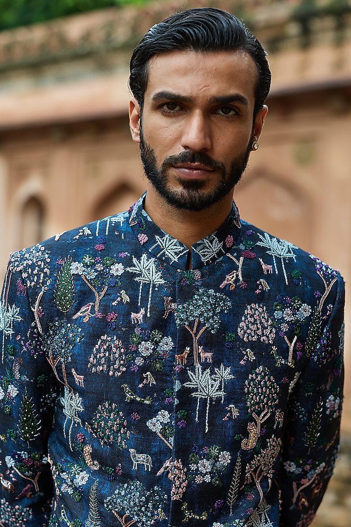 Dark Blue Poly Raw Silk Digital Printed Wedding Bandhgala Set by ASUKA at Pernia's Pop Up Shop