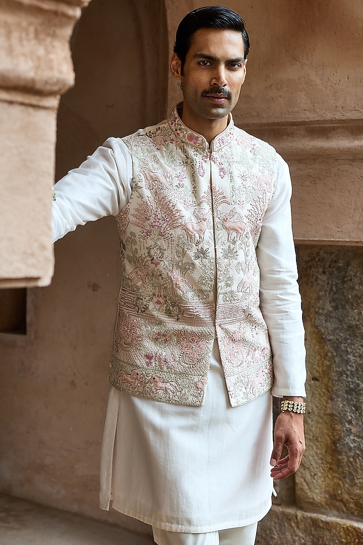 Ivory-Pink Raw Silk Cutdana Embroidered Bundi Jacket Set by ASUKA at Pernia's Pop Up Shop