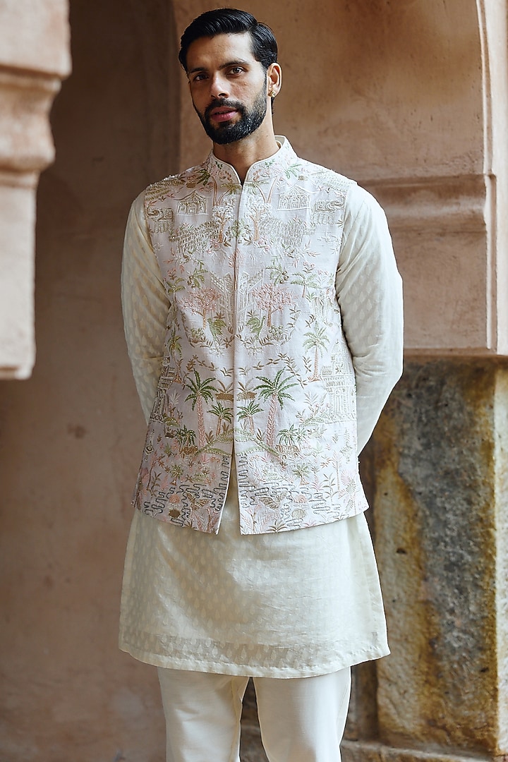 Off-White Raw Silk Cutdana Embroidered Bundi Jacket Set by ASUKA at Pernia's Pop Up Shop
