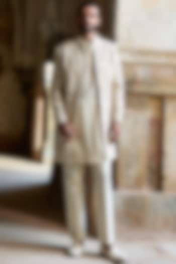 Cream Raw Silk Resham Embroidered Groom Indowestern Set by ASUKA at Pernia's Pop Up Shop