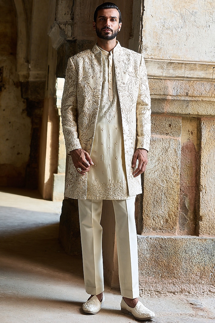 Cream Raw Silk Resham Embroidered Groom Indowestern Set by ASUKA at Pernia's Pop Up Shop