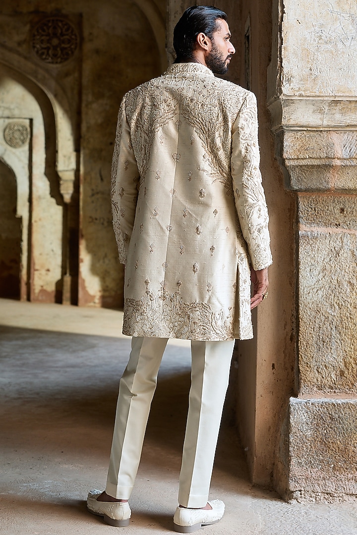 Cream Raw Silk Resham Embroidered Groom Indowestern Set by ASUKA at Pernia's Pop Up Shop