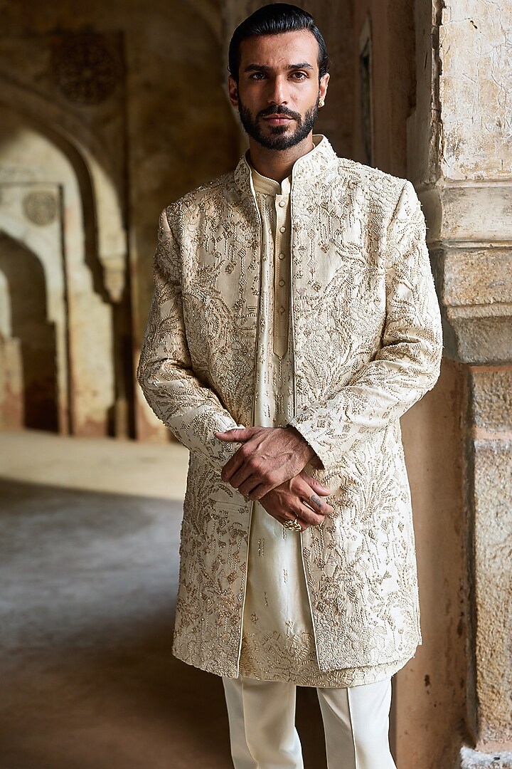Cream Raw Silk Resham Embroidered Groom Indowestern Set by ASUKA at Pernia's Pop Up Shop