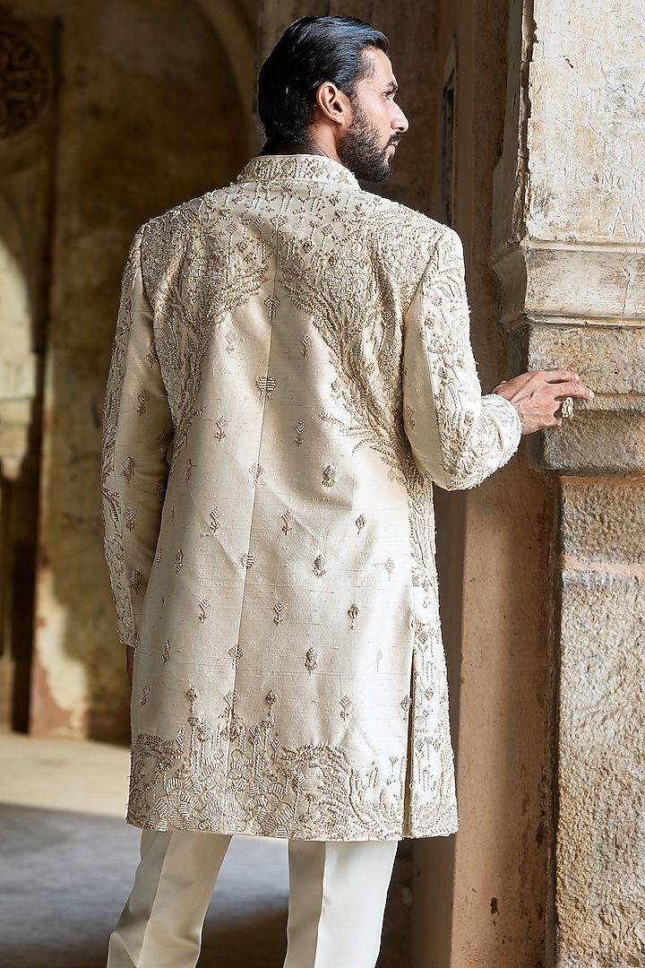 Cream Raw Silk Resham Embroidered Groom Indowestern Set by ASUKA at Pernia's Pop Up Shop