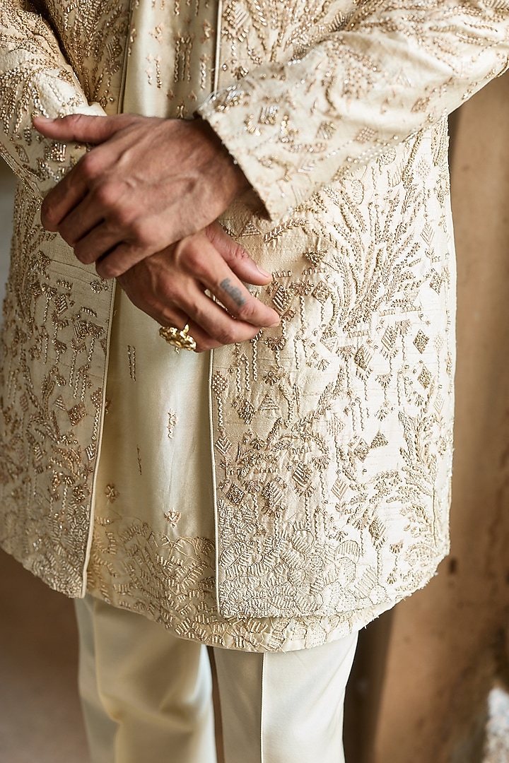 Cream Raw Silk Resham Embroidered Groom Indowestern Set by ASUKA at Pernia's Pop Up Shop