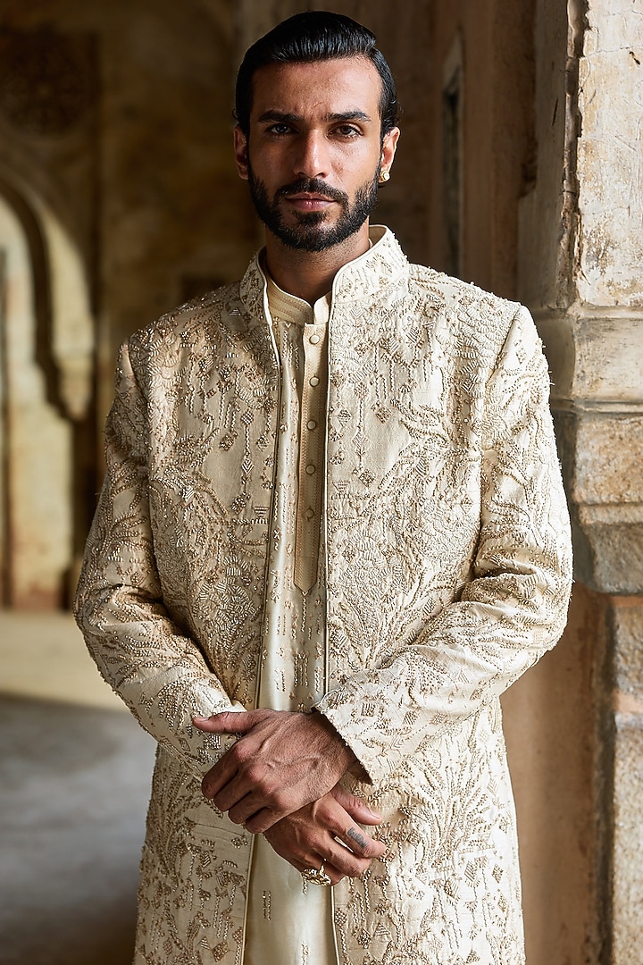 Cream Raw Silk Resham Embroidered Groom Indowestern Set by ASUKA at Pernia's Pop Up Shop