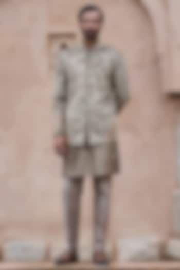 Natural Brown Velvet Dabka Embroidered Wedding Bandhgala Set by ASUKA at Pernia's Pop Up Shop