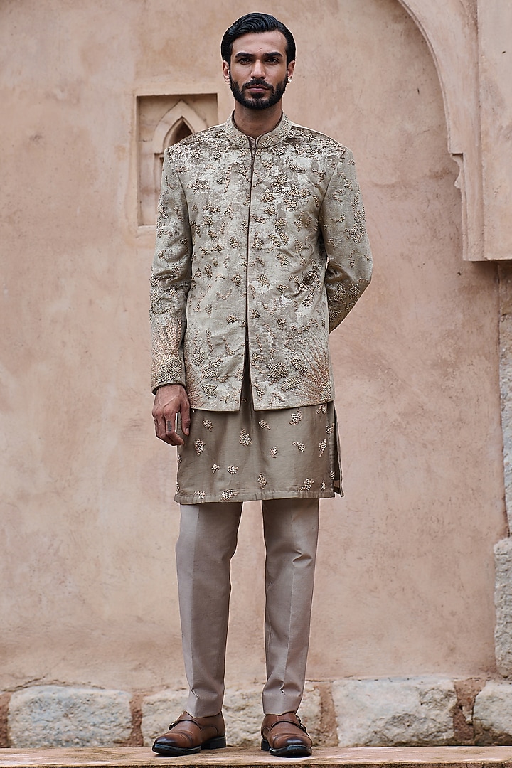 Natural Brown Velvet Dabka Embroidered Wedding Bandhgala Set by ASUKA at Pernia's Pop Up Shop